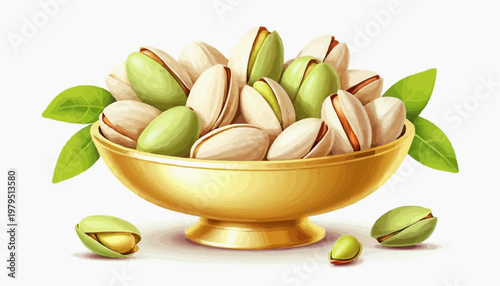 Colorful pistachio nuts in a golden plate, clean vector style, green and golden shells, isolated on white background   
