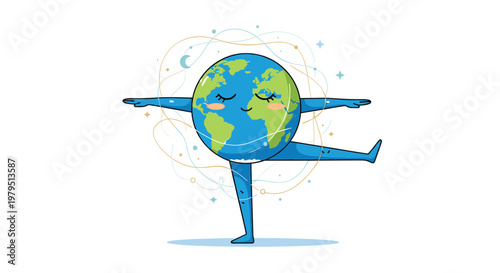 Adorable cartoon Earth character doing a yoga balance pose with eyes closed for environmental peace and planetary wellness concepts.