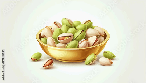 Colorful pistachio nuts in a golden plate, clean vector style, green and golden shells, isolated on white background   