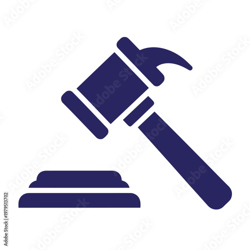 Gavel and sound block, navy blue silhouette on white background, judge court