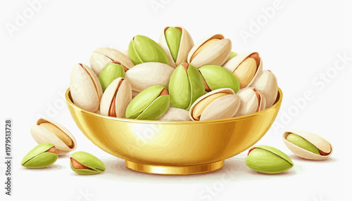 Colorful pistachio nuts in a golden plate, clean vector style, green and golden shells, isolated on white background   