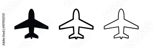 Collection of three airplane icons: solid black, outlined black, and line art