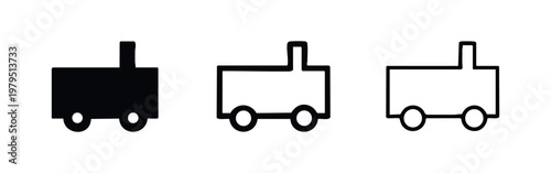 Three simplified train icons in solid black, outline, and line art styles