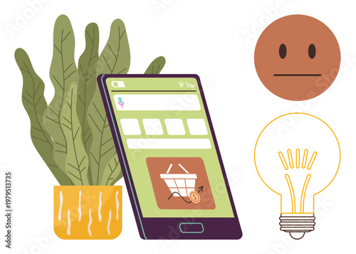 Online shopping, e-commerce, creativity, minimalism, expression, user interface design. Smartphone with shopping cart icon, plant lightbulb neutral emoticon. Online shopping and creativity