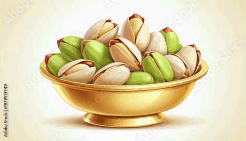 Colorful pistachio nuts in a golden plate, clean vector style, green and golden shells, isolated on white background   