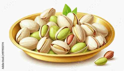 Colorful pistachio nuts in a golden plate, clean vector style, green and golden shells, isolated on white background   