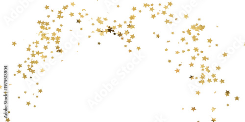 Gold star shaped confetti scattered in an arch formation isolated on a plain white background with metallic texture and sharp edges