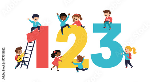 Group of diverse school children playing around large colorful numbers one two and three to learn basic mathematics and counting.