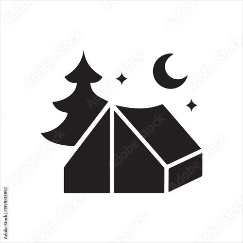 Night camping tent icon. Outdoor camping and wilderness adventure concept. Monochrome black and white symbol