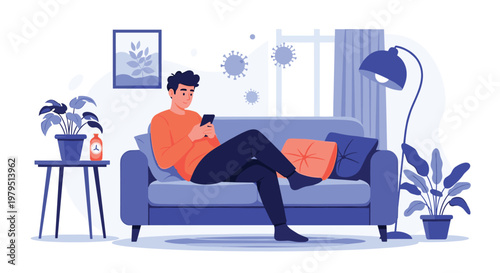 Man relaxing on a sofa while using his smartphone and staying at home to be safe during the global health pandemic situation.