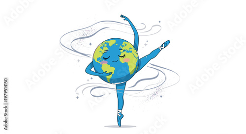 Creative illustration of planet earth as a graceful ballerina dancer spinning amidst wind and stars to promote environmental care.