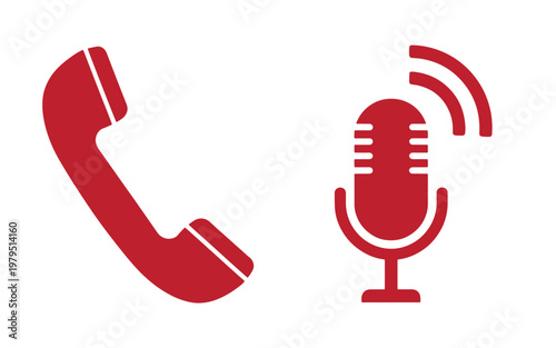 Red telephone receiver and microphone on white background