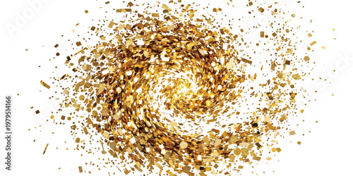 Swirling golden confetti particles forming a vortex shape on a plain white background with scattered metallic glitter fragments and light reflections