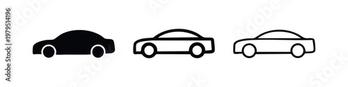 Sedan Car Icons: Solid, Outline with Fill, and Outline