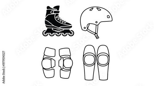 Safety First: Essential gear for inline skating and rollerblading is showcased against a minimalist backdrop. Featuring a helmet, inline skate, and protective pads.