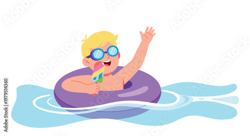 Young boy floating on a purple inner tube in the pool while eating a colorful popsicle and waving his hand during summertime.