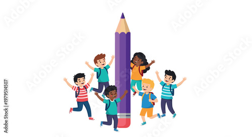 Cheerful school children jumping around a large purple pencil to celebrate their education and the joy of learning back at school.