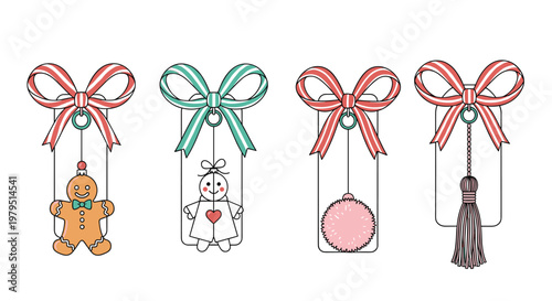 Set of decorative christmas gift tags featuring ribbons gingerbread man angel and pompom charms for holiday gift wrapping style.