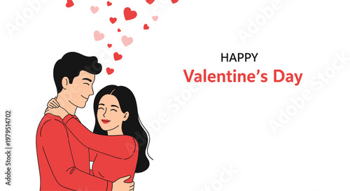 Romantic couple hugging and smiling with many red and pink hearts floating above them to celebrate a happy valentines day.