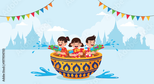 Three happy kids playing with water guns while sitting in a large traditional bowl during the songkran festival celebration.