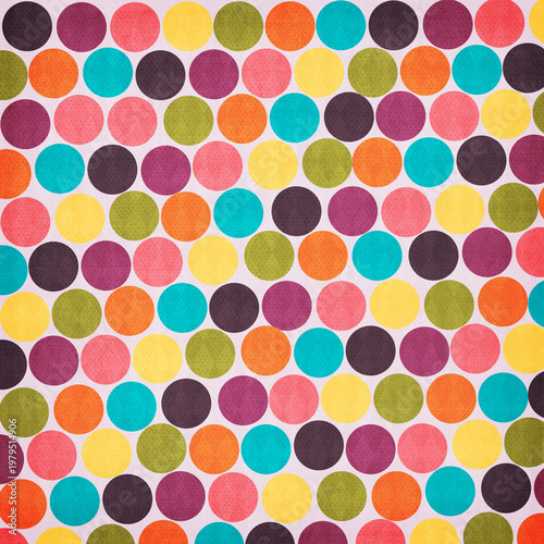 Bright multicolor polka dot pattern with bold retro tones on textured background, playful and vibrant design perfect for packaging, textiles, wallpapers, and fun graphic projects.