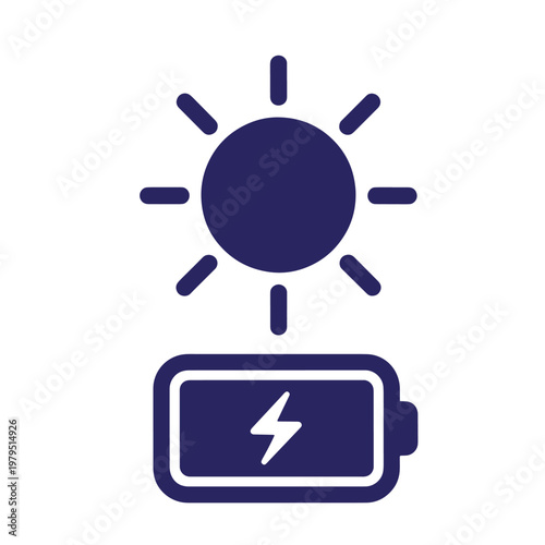 Solar powered battery dark blue on white background, charging renewable energy