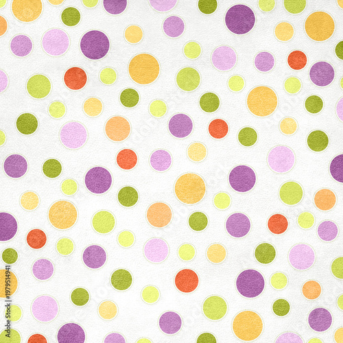 Colorful scattered polka dots with stitched effect on light textured background, playful handmade style perfect for kids designs, crafts, fabric, and creative projects.