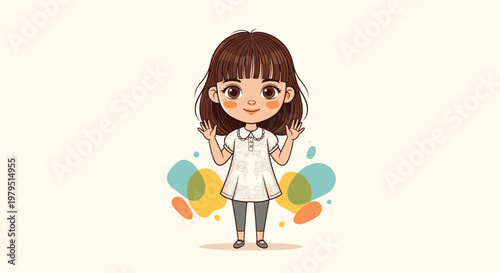Cheerful young girl waving her hands and smiling warmly against a simple cream background with colorful shapes for a friendly greeting.
