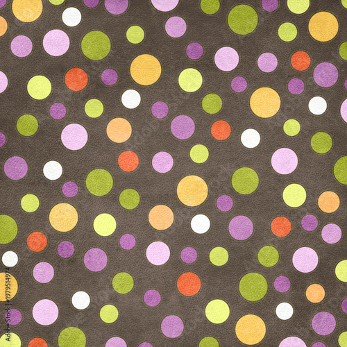 Colorful polka dots on dark textured background with stitched detail, vibrant retro style perfect for fabric prints, scrapbooking, packaging, and decorative designs.