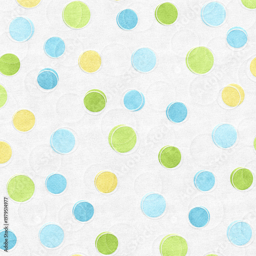 Minimal pastel polka dot pattern in blue, green and yellow on textured background, soft modern look ideal for fabric, nursery designs, wallpapers, and branding.