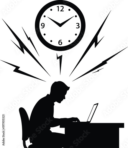 Man working on laptop under deadline pressure with clock and stress lightning, time management concept, overwork anxiety, black silhouette vector illustration isolated on white background