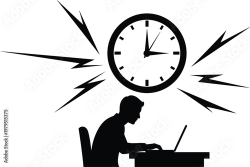 Man working on laptop under pressure with clock, deadline stress concept, overtime work, time management, busy schedule, minimal black and white illustration design