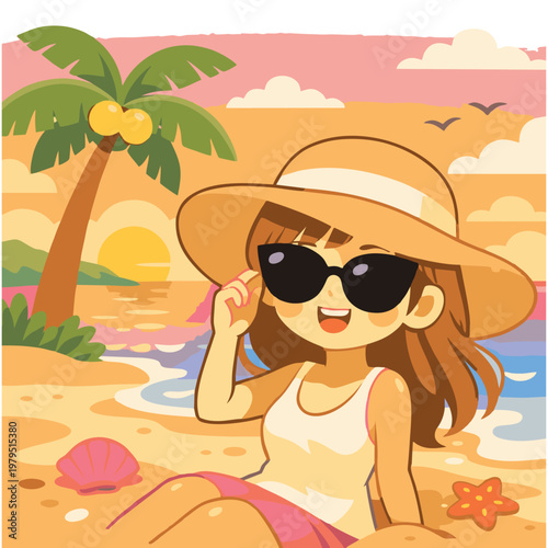 Cute Little Girl Playing on Beach Cartoon Illustration