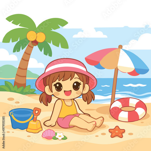 Cute Little Girl Playing on Beach Cartoon Illustration