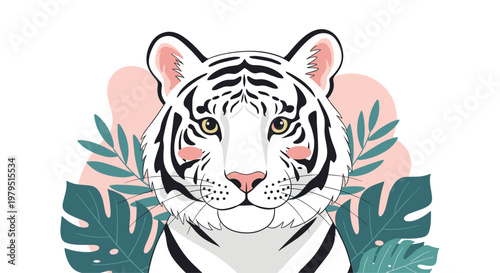 Close up portrait of a majestic white tiger face surrounded by tropical green leaves on a soft pink artistic background.