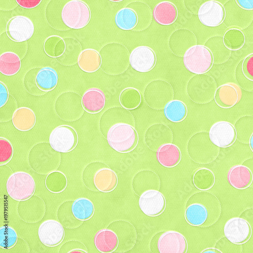 Fresh green background with pastel polka dots and stitched effect, soft playful style perfect for kids designs, textiles, scrapbooking, and cheerful layouts.