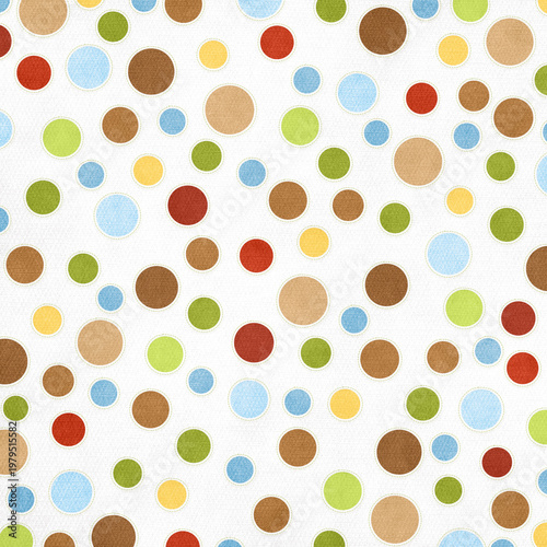 Colorful polka dots on light textured background with stitched detail, modern handmade style perfect for textiles, wrapping paper, scrapbooking, and decor.