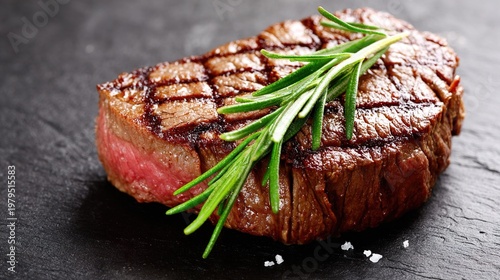 seared. Perfectly cooked steak with grill marks and rosemary, emphasizing culinary perfection. menu design, packaging mockups, designed for food delivery and cloud-kitchen brand materials.