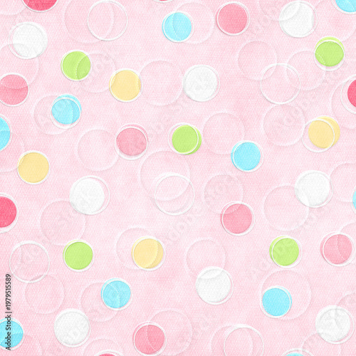 Soft pink textured background with pastel polka dots and subtle overlay circles, delicate and elegant design ideal for baby themes, invitations, and fabric prints.
