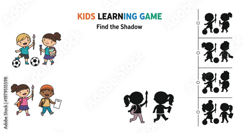 Childrens educational learning game to find the matching shadow for different kids characters in a school theme.