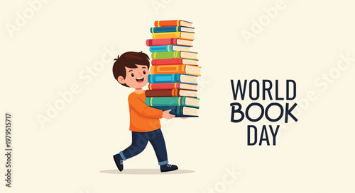 Smiling boy running while carrying a very tall stack of colorful books to celebrate world book day in a minimalist style.