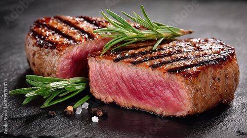 seared. Perfectly cooked steak with grill marks and rosemary, emphasizing culinary perfection. menu design, packaging mockups, designed for food delivery and cloud-kitchen brand materials.