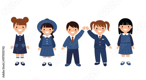 Group of five students in blue and white school uniforms standing in a row and waving against a clean white background.