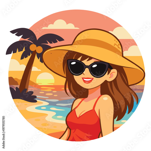 Cute Little Girl Playing on Beach Cartoon Illustration