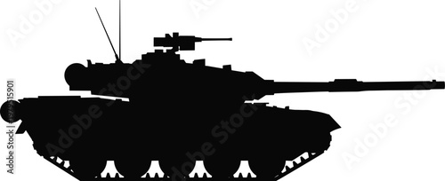 Military tank silhouette, armored combat vehicle with cannon, army warfare concept, heavy weapon system, minimal black and white illustration for defense and military design