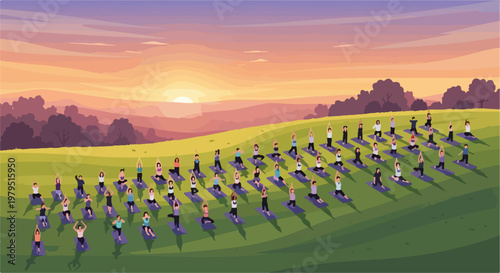 Outdoor yoga class at sunset, large group of people practicing yoga on mats in a park, serene landscape with rolling hills and sunset sky, vector illustration