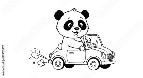 Simple black and white line drawing of a cute panda character driving a small car with puff of smoke behind it.
