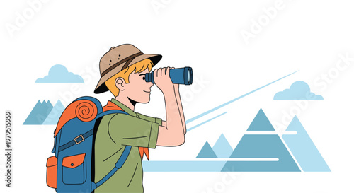 Young boy scout wearing a backpack and hat using binoculars to look at the mountain landscape in an outdoor setting.