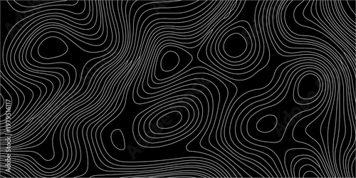 An abstract black background features flowing white curvilinear lines resembling topographic map contours or geological strata high-quality professional detailed