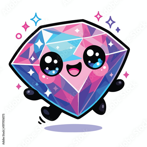 A sparkling, faceted diamond character with a joyful expression and big eyes happily jumps, radiating charm and playful energy.